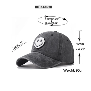 Detailed size specifications for a washed grey baseball cap with smiley face embroidery