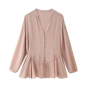 Camicetta Da Donna Rosa Satinata Poliestere Scollo A V Manica Lunga Elegante Camicia Da Ufficio Con Cintura Bottoni Oro