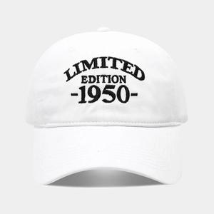 Macro shot of 1950 Limited Edition black embroidery on a white vintage cotton baseball cap