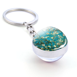 Metal keychain with Van Gogh Almond Blossoms glass sphere art pendant on white background