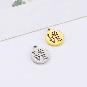 Titanium steel circle pendant with hollow LOVE letters and dog paw design in gold and silver