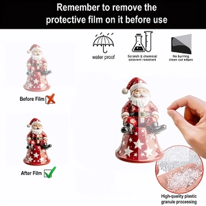 Detail showing acrylic Santa car pendant features waterproof and scratch resistant material