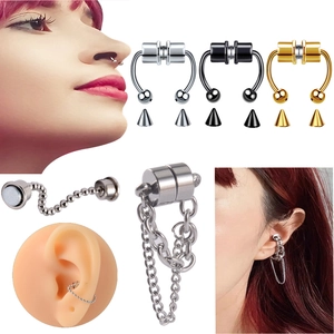 Magnetic Fake Nose Ring Non Piercing Stainless Steel Horseshoe U Shaped Jewelry With Replacement Cones And Chain Ear Cuff