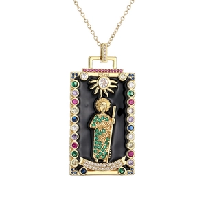 Gold tarot card pendant necklace with micro-paved zircons and black enamel sun design