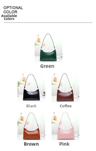 Showcase of alligator pattern underarm bags in green, black, coffee, brown, and pink