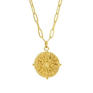 Collier vintage doré avec pendentif pièce soleil et chaîne trombone pour femmes