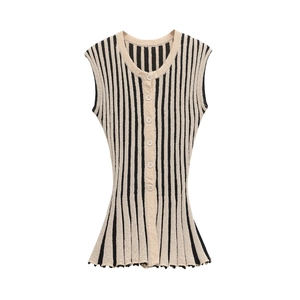 Haut Tricoté Rayé Sans Manches À Boutons Et Pantalon Taille Haute Évasé Chic Minimaliste Noir Beige Femme Maille