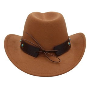 Detail of brown felt cowboy hat with turquoise-beaded leather band and tie