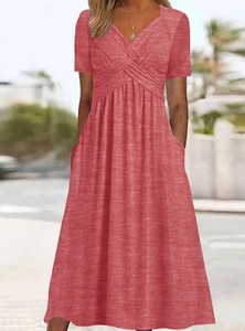 Women's casual V-neck short sleeve midi dress with pockets in brick red melange fabric