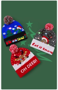 Christmas LED knit hat festive winter beanie with pom pom light up holiday party cap for adults