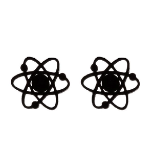 Minimalist black stainless steel atom-shaped stud earrings in a symmetrical flat lay view