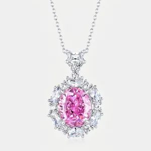 925 Sterling Silver Pink Zirconia Halo Pendant Necklace For Women Luxury Geometric High Carbon Diamond Jewelry Accessories