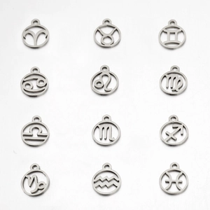 Set of 12 hollowed stainless steel zodiac charms with mirror finish for DIY jewelry
