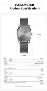 Detailed specs of the IBSO ultra-thin quartz watch with grey leather strap and 7mm case
