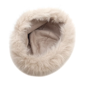 Close-up of winter faux fur bucket hat showing soft plush texture and suede lining