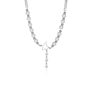 Titanium steel necklace with white pearls and a hollow star pendant with crystals