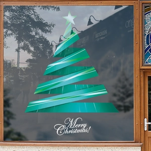 Teal Christmas tree ribbon window sticker with Merry Christmas text for store decor