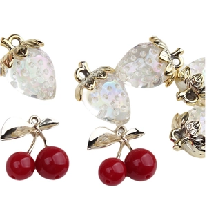 DIY colorful translucent strawberry and red cherry fruit pendants with golden leaves