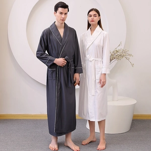 Waffle Weave Bathrobe Absorbent Quick Dry Shawl Collar Contrast Piping Lightweight Long Sleepwear For Couples Men Women