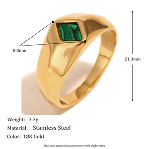 18K gold plated stainless steel geometric ring featuring green malachite inlay for women