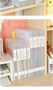 Vertical display of transparent A4 document storage boxes with side label slots on shelf