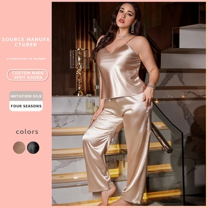 Women Plus Size Imitation Satin Satin Pajama Cami Top And Long Pants V Neck Backless Sleeveless Loungewear Sleepwear