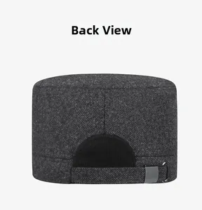 Back view of gray flat top winter cap featuring adjustable metal buckle and strap
