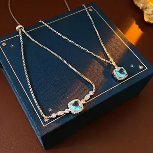 Square Blue Zircon Pendant Necklace And Adjustable Bolo Bracelet Copper Rhinestone Jewelry For Women Luxury Fashion