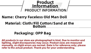 Detailed technical specification table for cherry gnome plush doll materials and dimensions