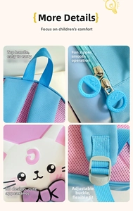 Detail of pink and blue kids backpack showing 3D cat face, zippers, and mesh straps