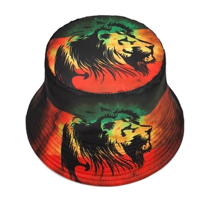 Detail of Rasta colored lion print on black bucket hat with red yellow and green tones