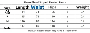 Detailed size chart for pinstripe linen blend wide-leg trousers showing waist and length measurements