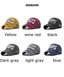 Detailed color display of vintage 1985 embroidery cotton washed baseball caps