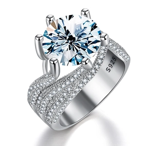 Luxury S925 sterling silver three-row moissanite wedding ring with large center stone