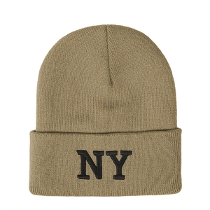 Khaki knit beanie hat with black NY embroidery and a classic cuffed design in streetwear style