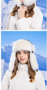 Détail du chapeau d'hiver blanc en fausse fourrure avec cache-oreilles et boucle de menton