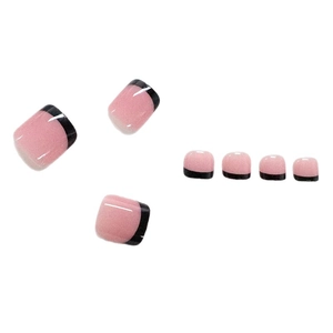 Pink and black French tip press-on toenails with glossy finish and square shape