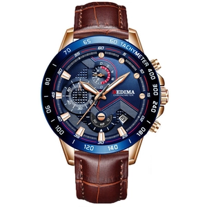 Macro detail of brown crocodile leather strap and rose gold multifunction watch case