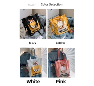 Detailed grid view showing corgi cartoon canvas tote bags in black yellow white and pink