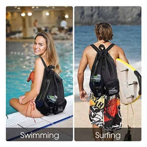 Mesh drawstring swim bag with wet compartment for surfing and gym workout activities