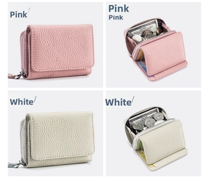 Detail view of compact tri-fold leather wallet showing card slots and zipper pocket