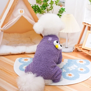 Cute purple fleece pet jumpsuit with doll design for small dogs and cats in warm home