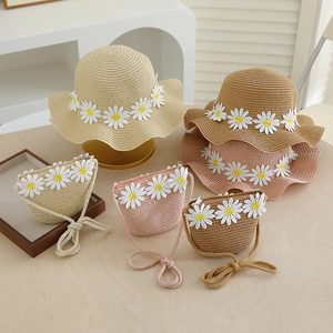 Kids daisy straw hat and bag set for beach summer travel in beige pink and khaki