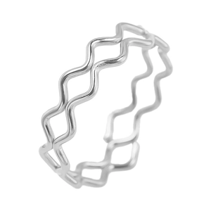 Detail view of double-layer wavy textured silver metal ring in a minimalist style