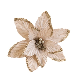 30cm champagne velvet artificial poinsettia with gold glitter for Christmas tree decor