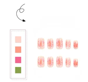 Short square press-on nails featuring pink, purple and orange firework floral patterns