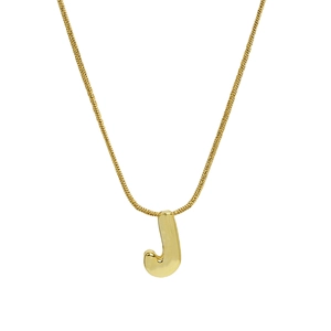 Detailed view of polished gold stainless steel J-shaped letter pendant on round snake chain