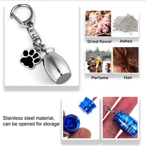 Stainless steel pet memorial urn keychain with paw charm and personalized engraving