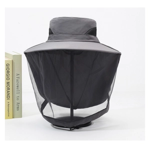 Detail of outdoor sun hat featuring breathable mesh panel and full mosquito net protection