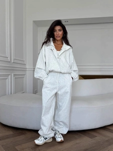 Survêtement Femme Veste À Capuche Et Pantalon Mélange Coton Fermeture Éclair Couleur Unie Décontracté Chic